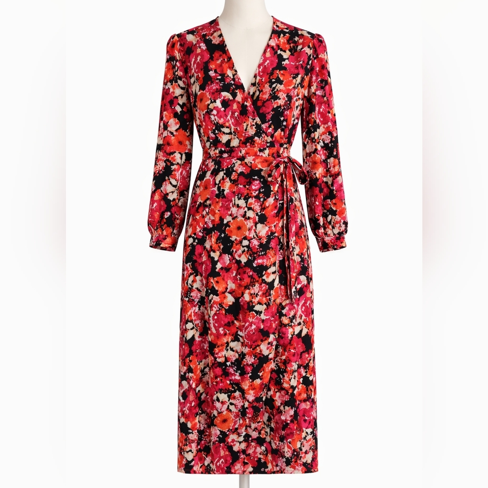 Chelsea28 Floral Wrap Midi Dress Long Sleeve V Neck Tie Waist